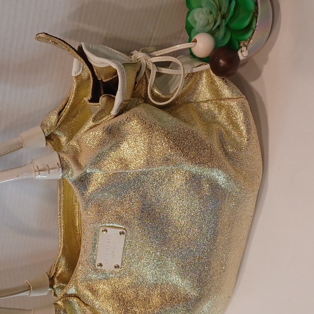 Kate Spade Stevie Gold Sparkle Winter White Patent Leather Trim Bag w/ KS Gif…